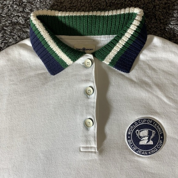 Tory Burch White Polo Sweatshirt with Green and Blue Accents - Picture 1 of 9